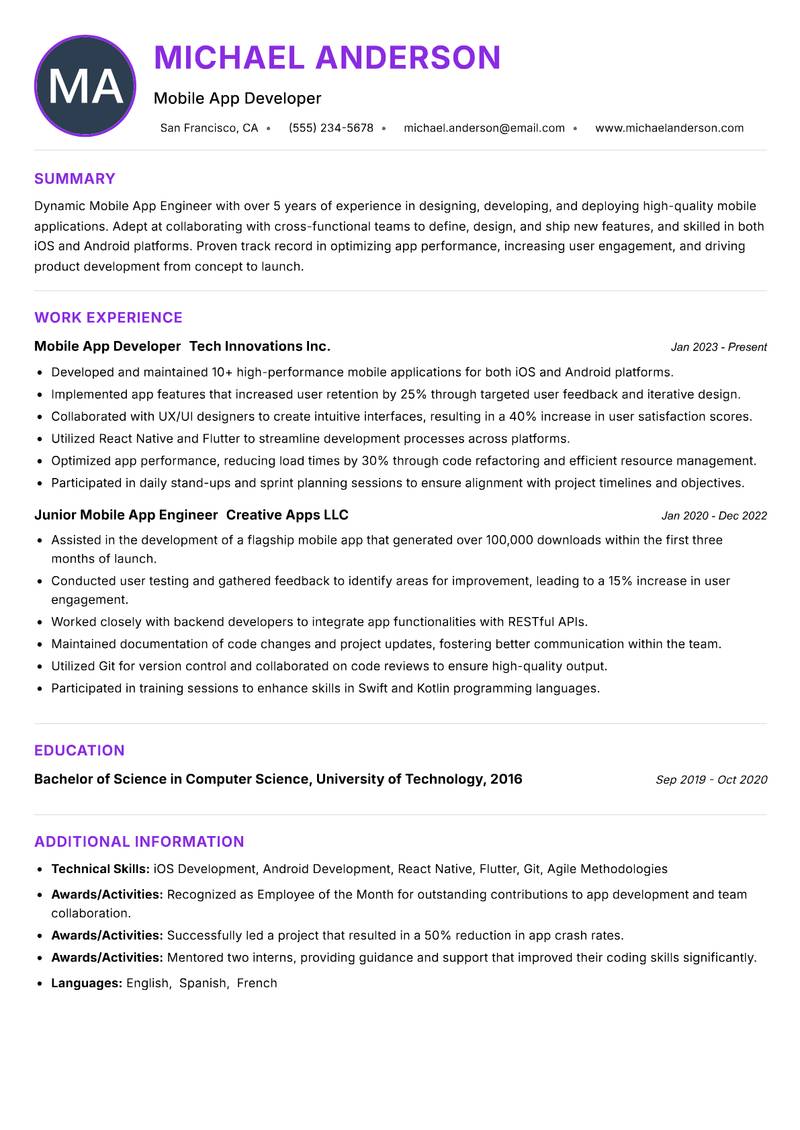 Mobile App Engineer Resume Preview Example