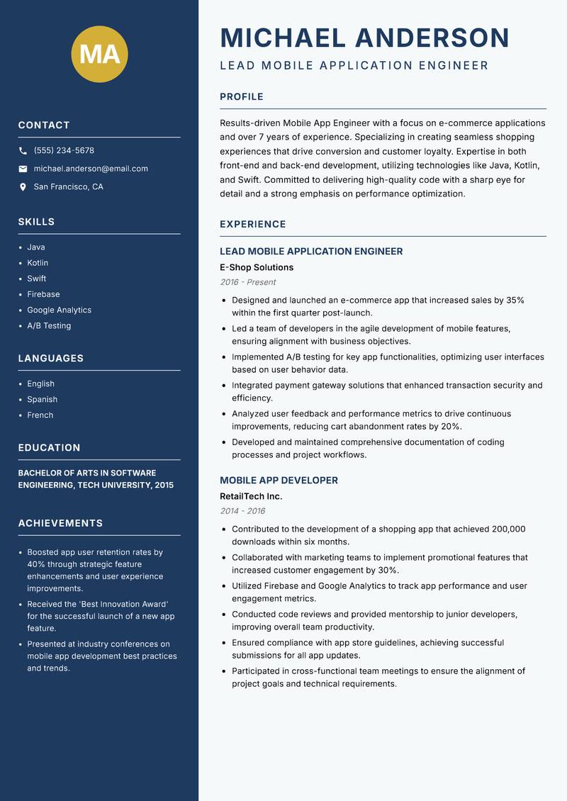 Mobile App Engineer Resume Preview Example