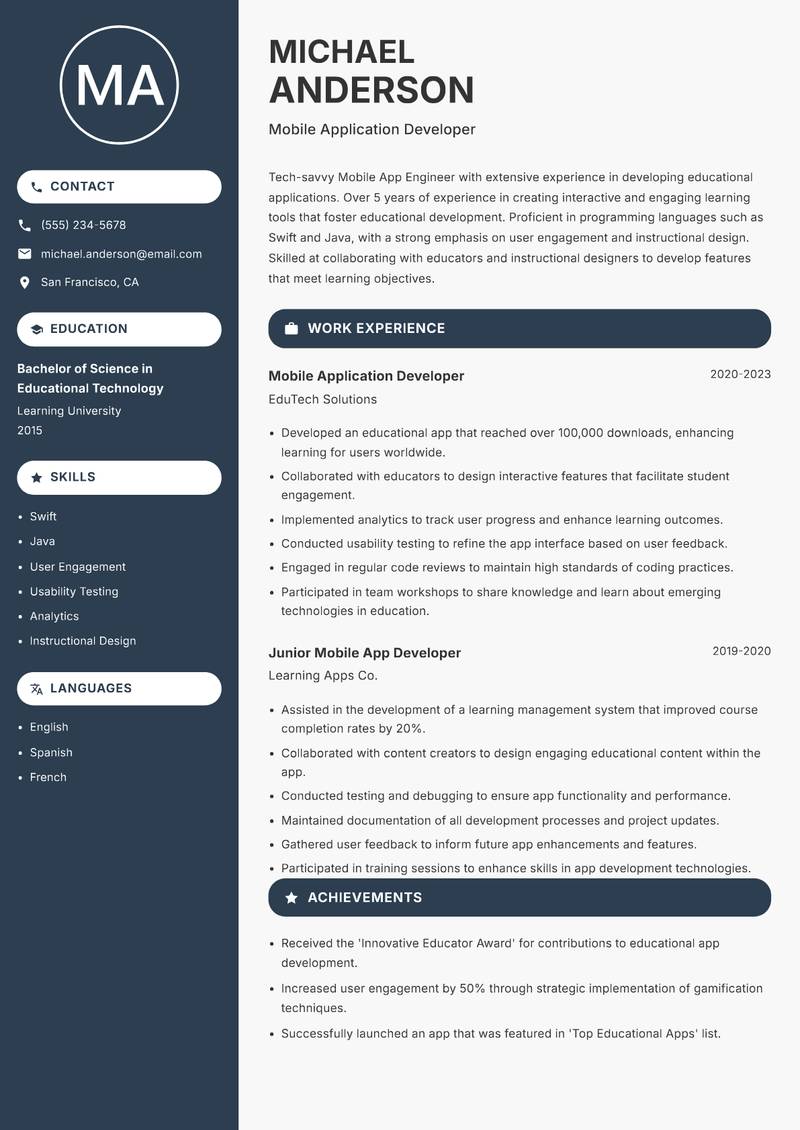 Mobile App Engineer Resume Preview Example