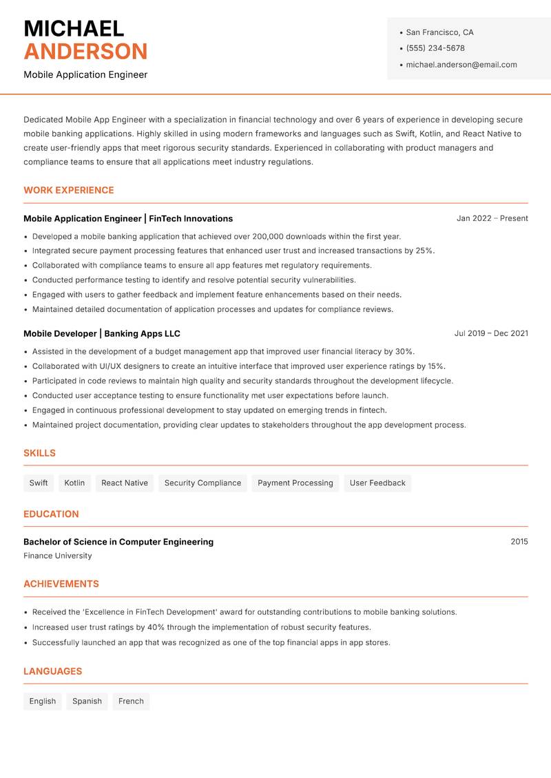 Mobile App Engineer Resume Template