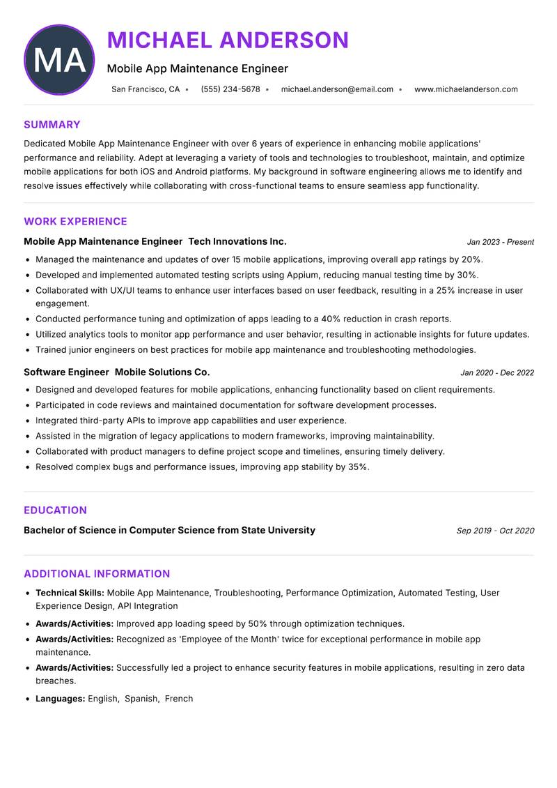 Mobile App Maintenance Engineer Resume Preview Example