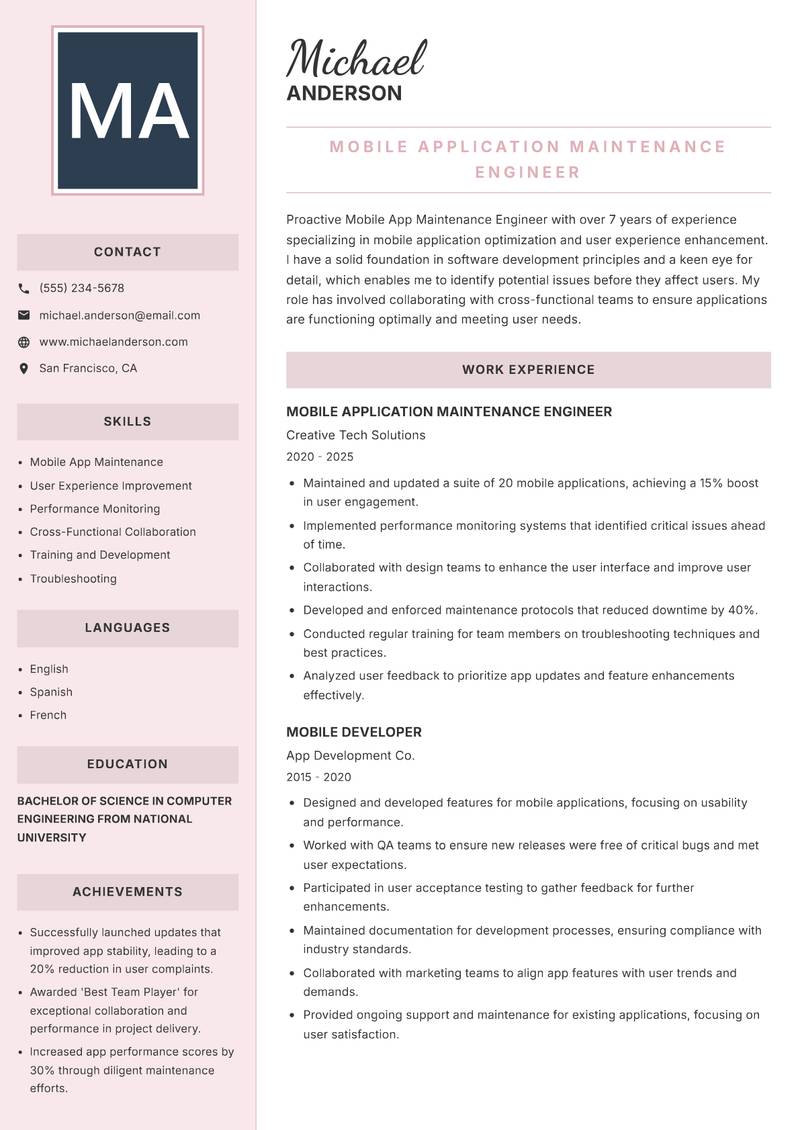 Mobile App Maintenance Engineer Resume Preview Example