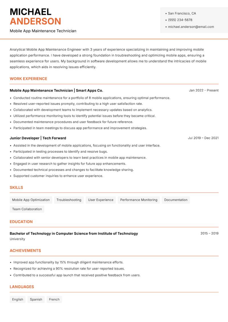 Mobile App Maintenance Engineer Resume Template