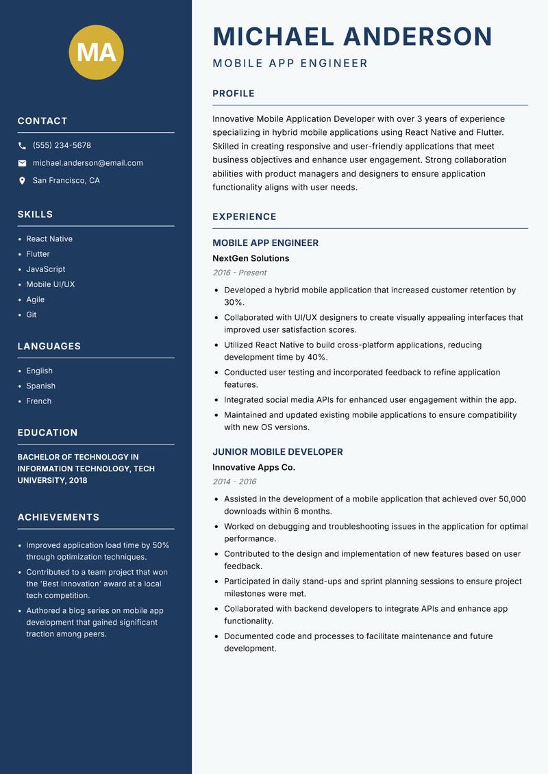Mobile Application Developer Resume Preview Example