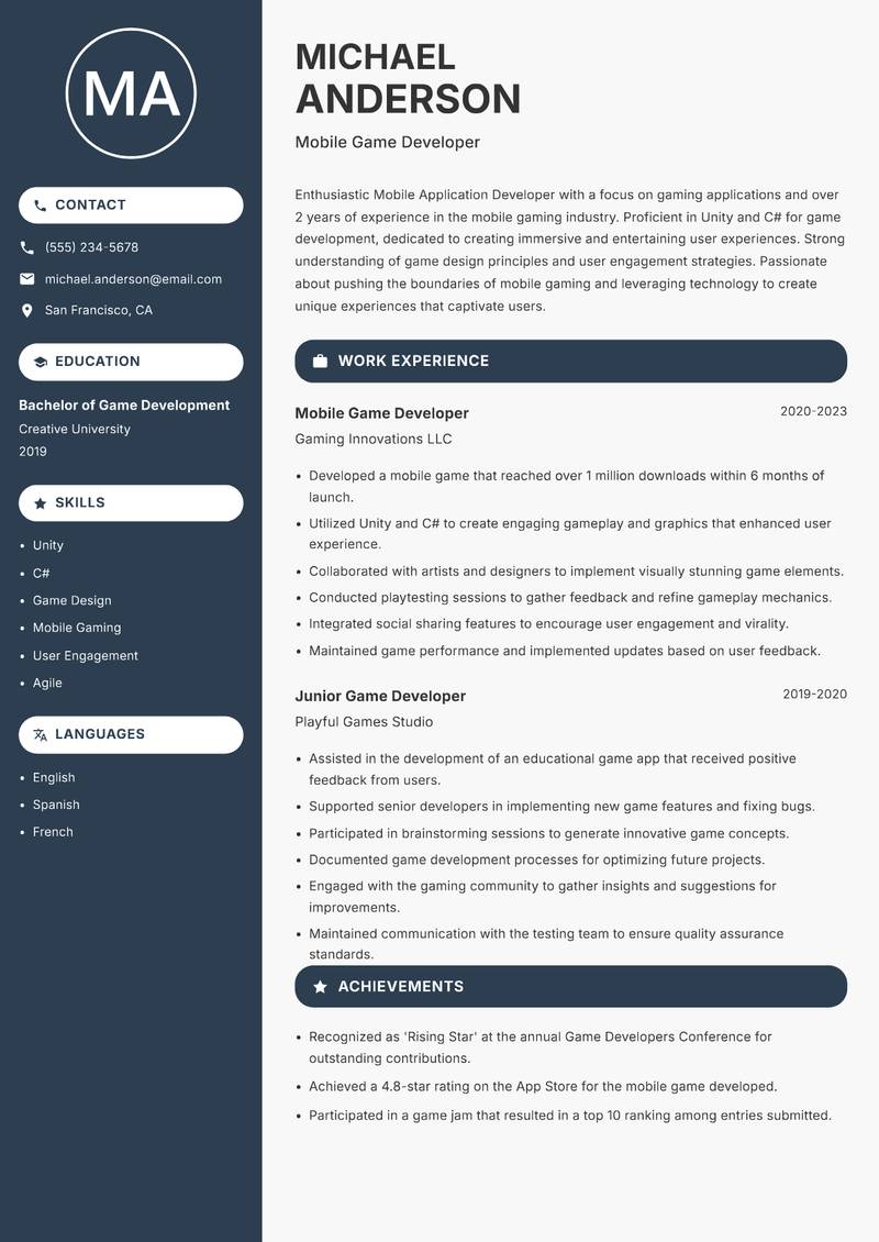 Mobile Application Developer Resume Preview Example