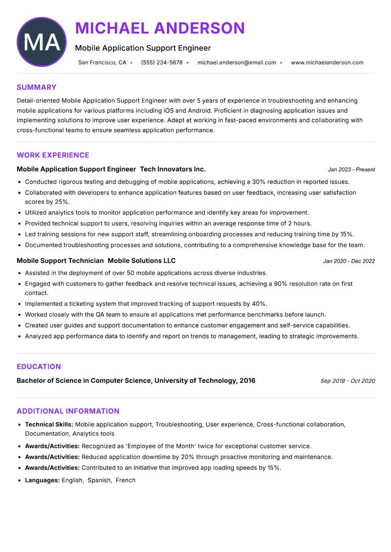 Mobile Application Support Engineer Resume Preview Example
