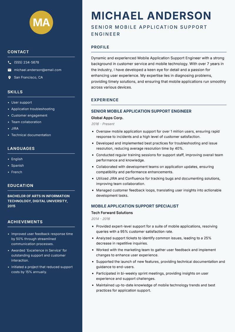 Mobile Application Support Engineer Resume Preview Example