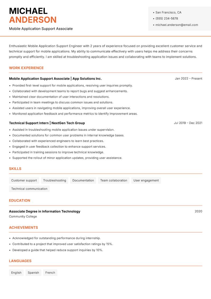 Mobile Application Support Engineer Resume Template