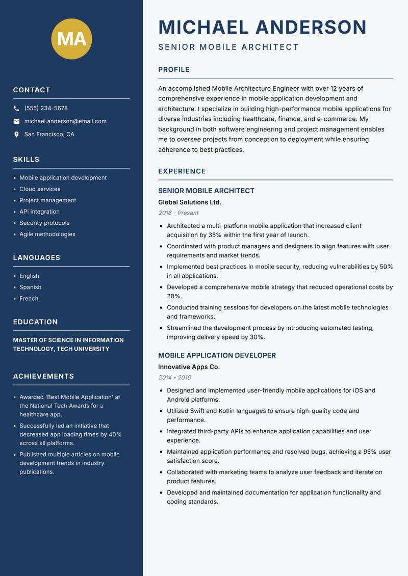 Mobile Architecture Engineer Resume Preview Example