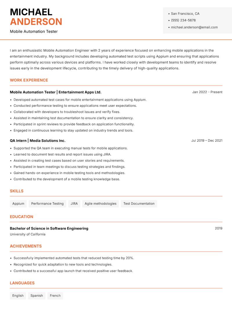 Mobile Automation Engineer Resume Template