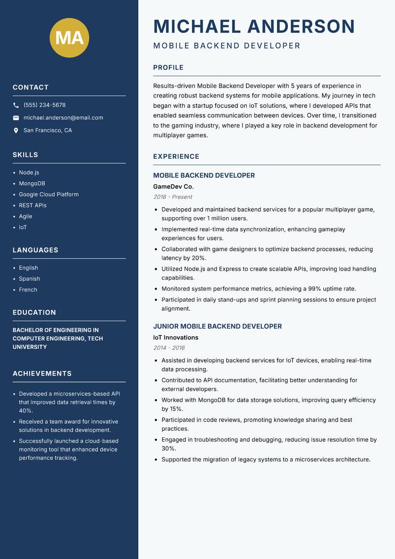 Mobile Backend Developer Resume Preview Example