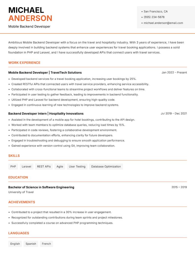 Mobile Backend Developer Resume Template