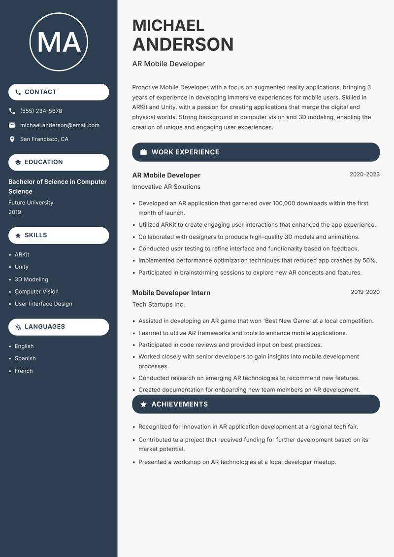 Mobile Developer Resume Preview Example