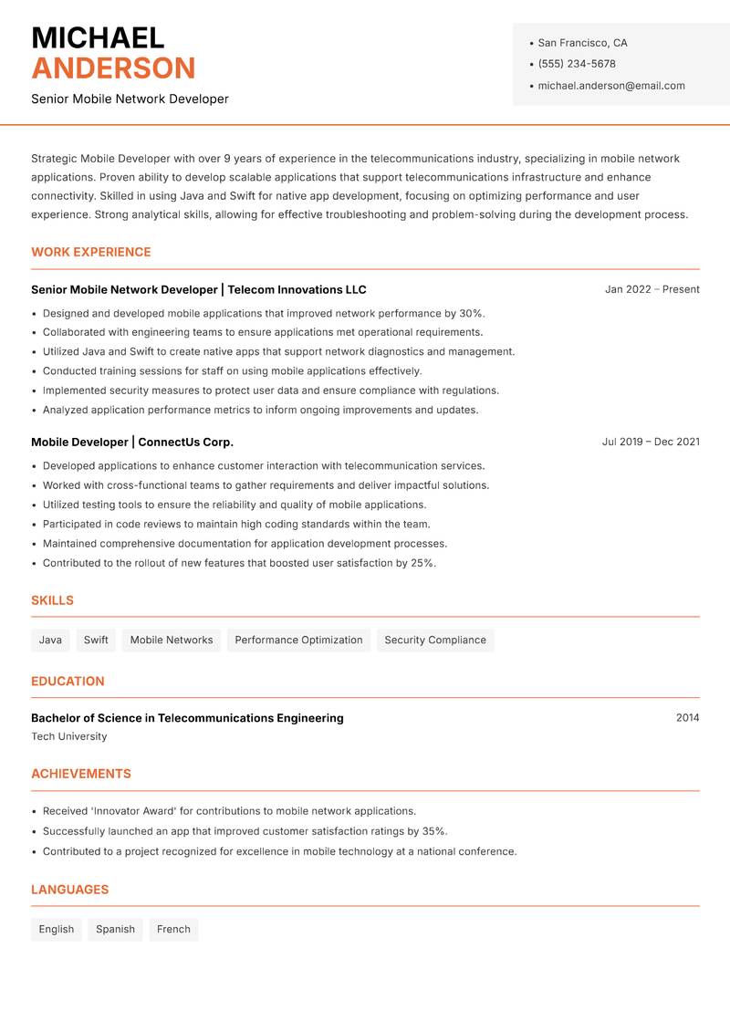 Mobile Developer Resume Template