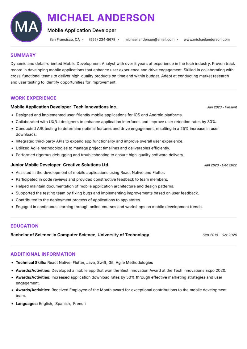 Mobile Development Analyst Resume Preview Example