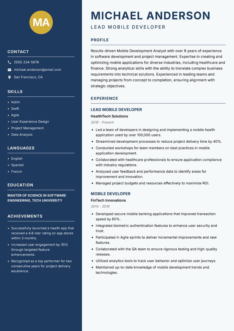 Mobile Development Analyst Resume Preview Example