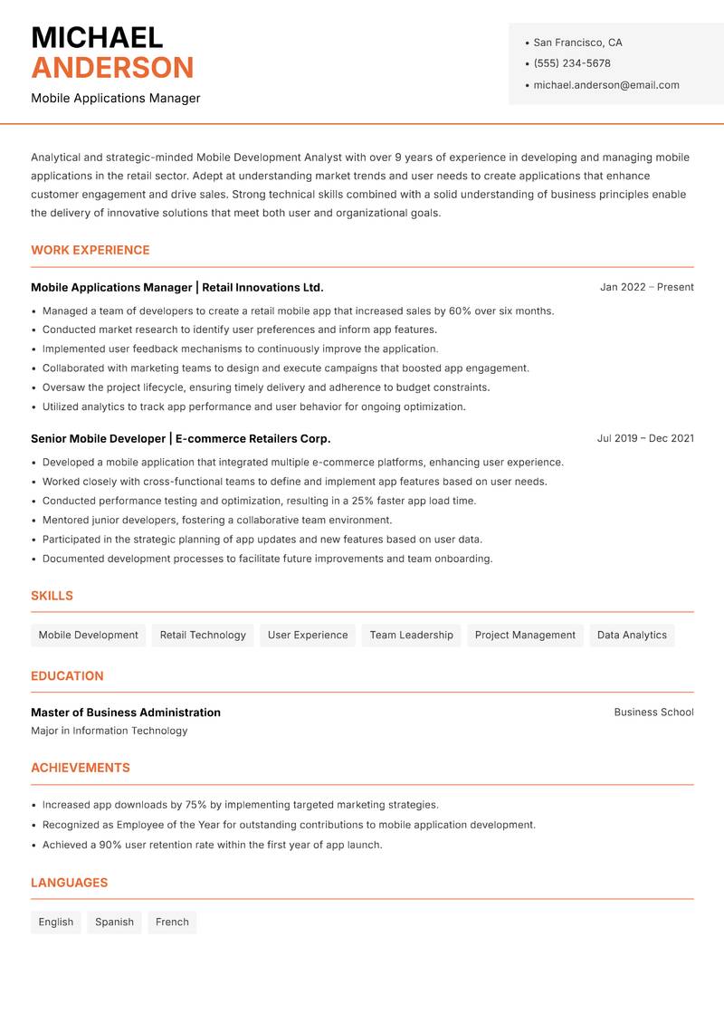 Mobile Development Analyst Resume Template