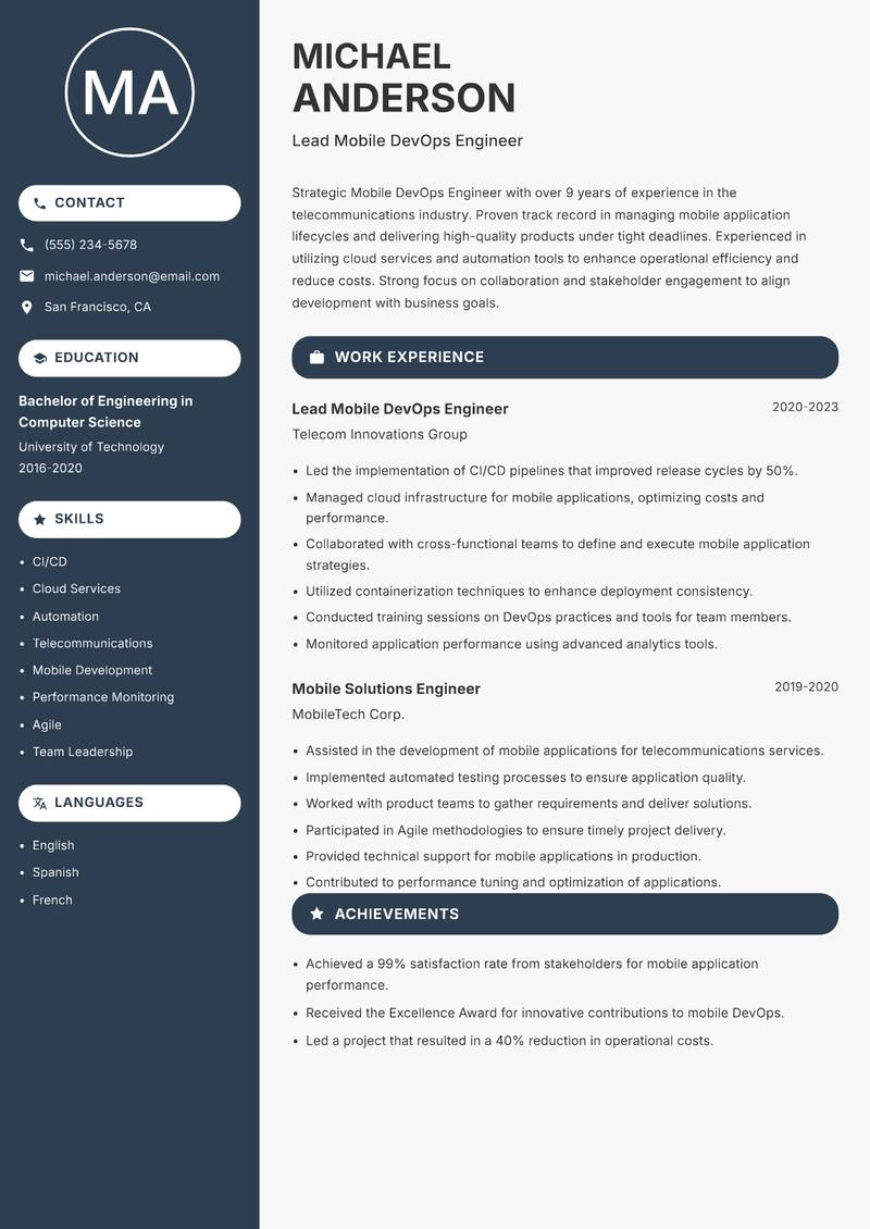 Mobile DevOps Engineer Resume Preview Example