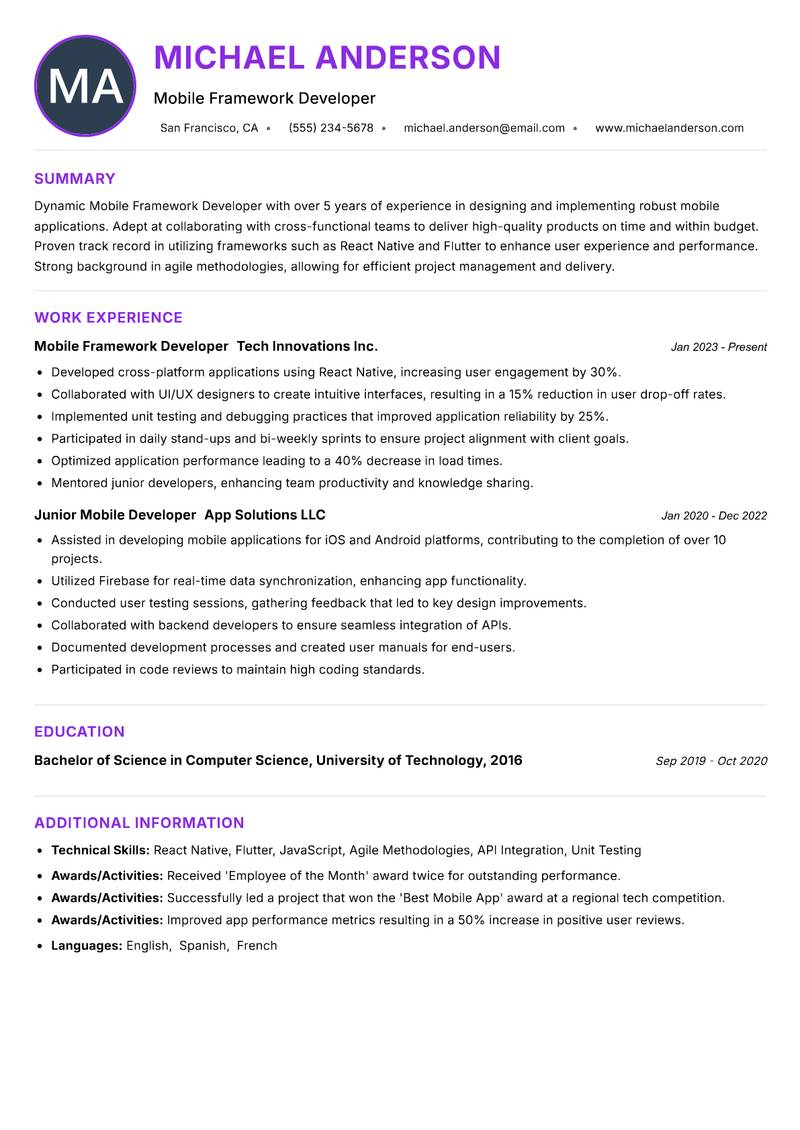 Mobile Framework Developer Resume Preview Example