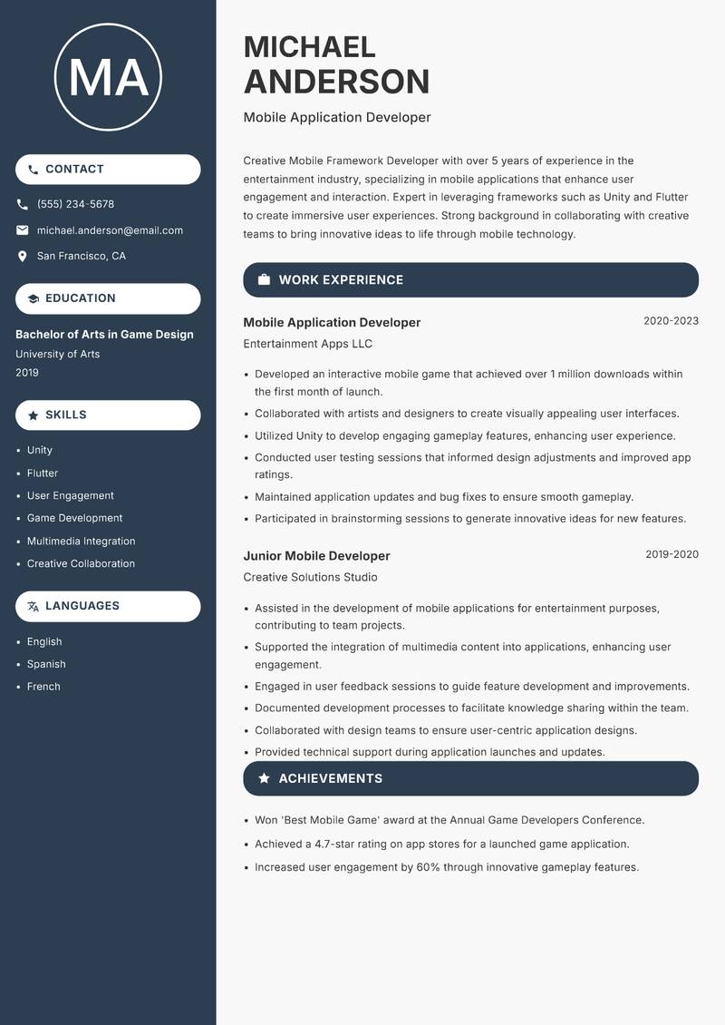 Mobile Framework Developer Resume Preview Example