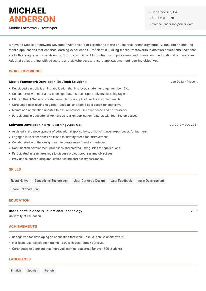 Mobile Framework Developer Resume Template