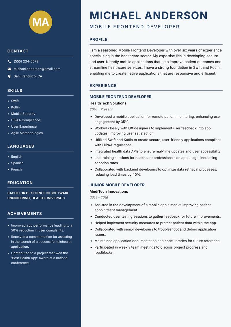 Mobile Frontend Developer Resume Preview Example