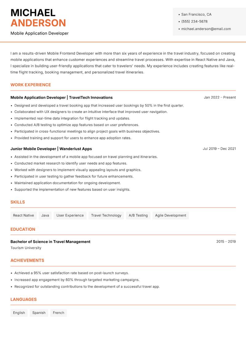 Mobile Frontend Developer Resume Template