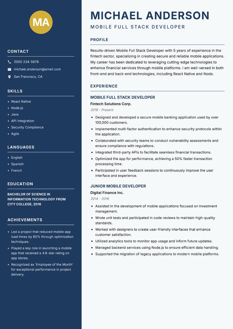 Mobile Full Stack Developer Resume Preview Example