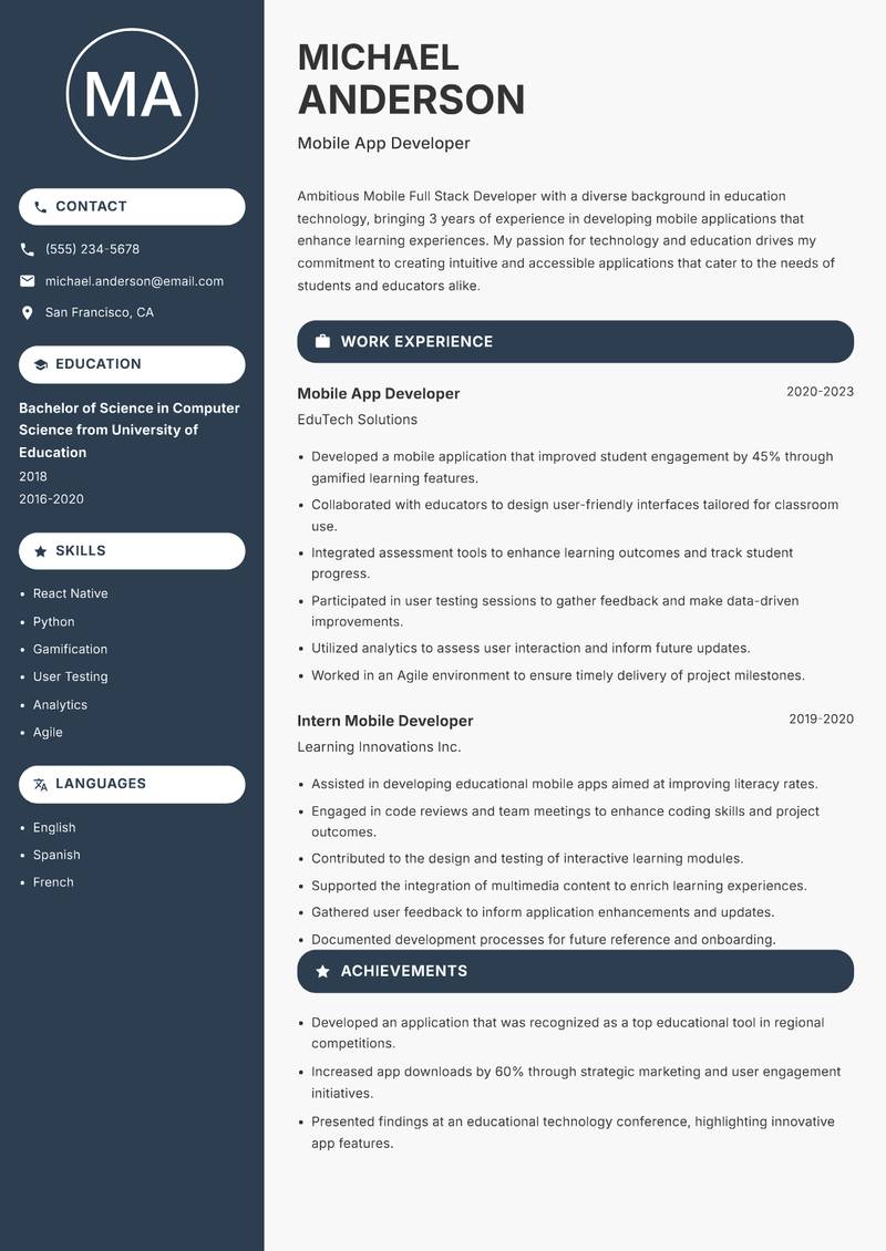 Mobile Full Stack Developer Resume Preview Example
