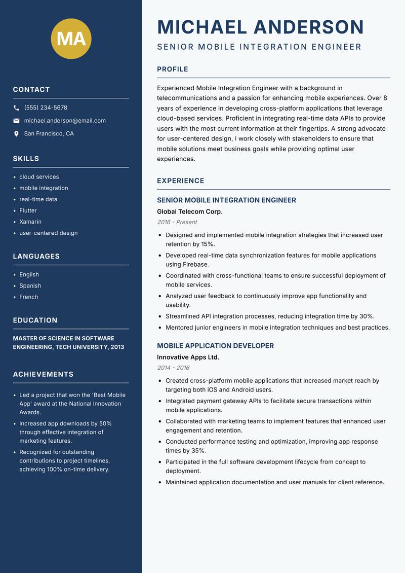 Mobile Integration Engineer Resume Preview Example