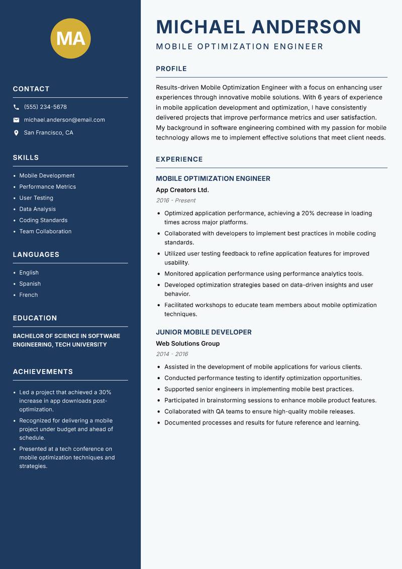 Mobile Optimization Engineer Resume Preview Example