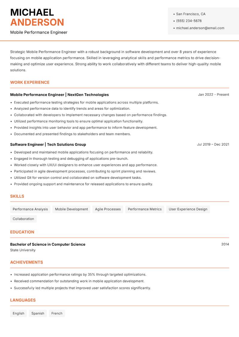 Mobile Performance Engineer Resume Template