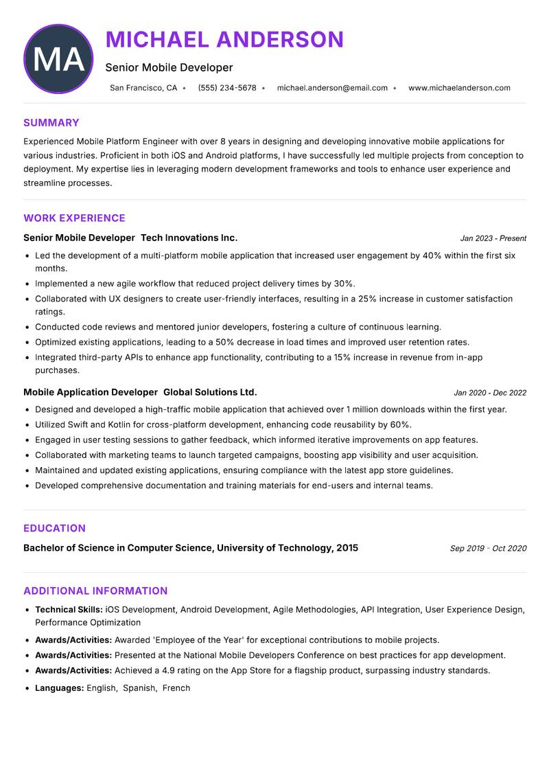 Mobile Platform Engineer Resume Preview Example
