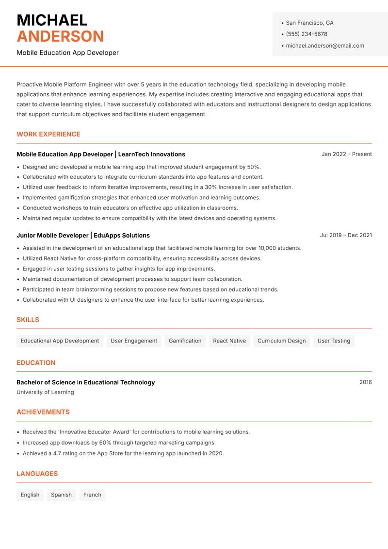 Mobile Platform Engineer Resume Template