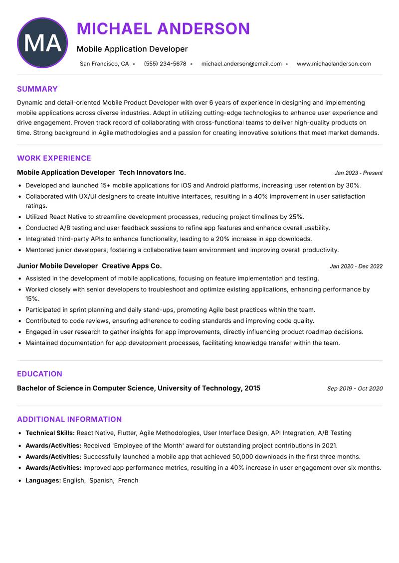 Mobile Product Developer Resume Preview Example