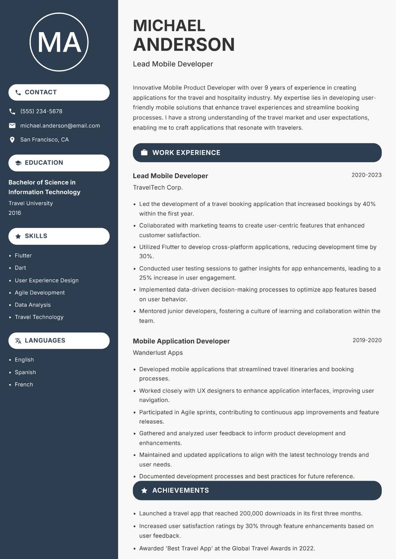 Mobile Product Developer Resume Preview Example