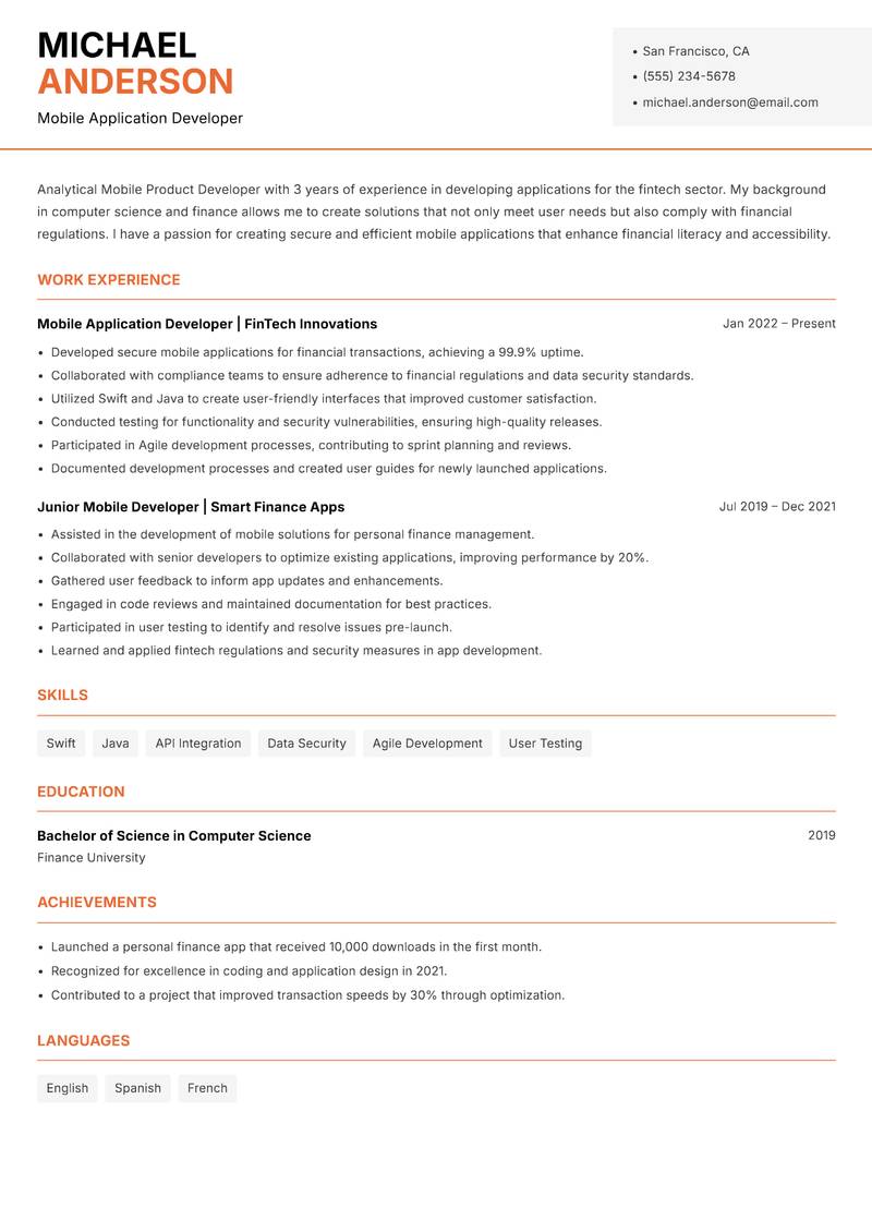 Mobile Product Developer Resume Template
