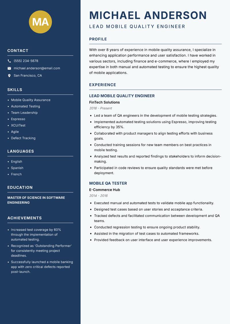 Mobile Quality Engineer Resume Preview Example