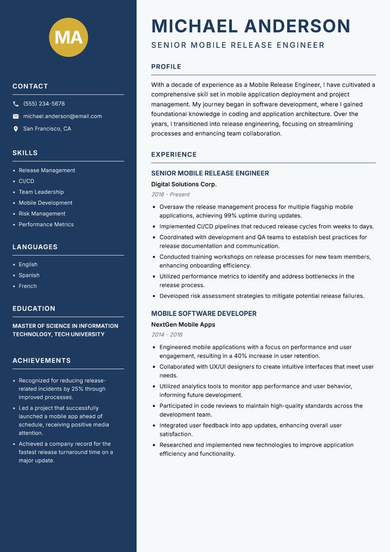 Mobile Release Engineer Resume Preview Example