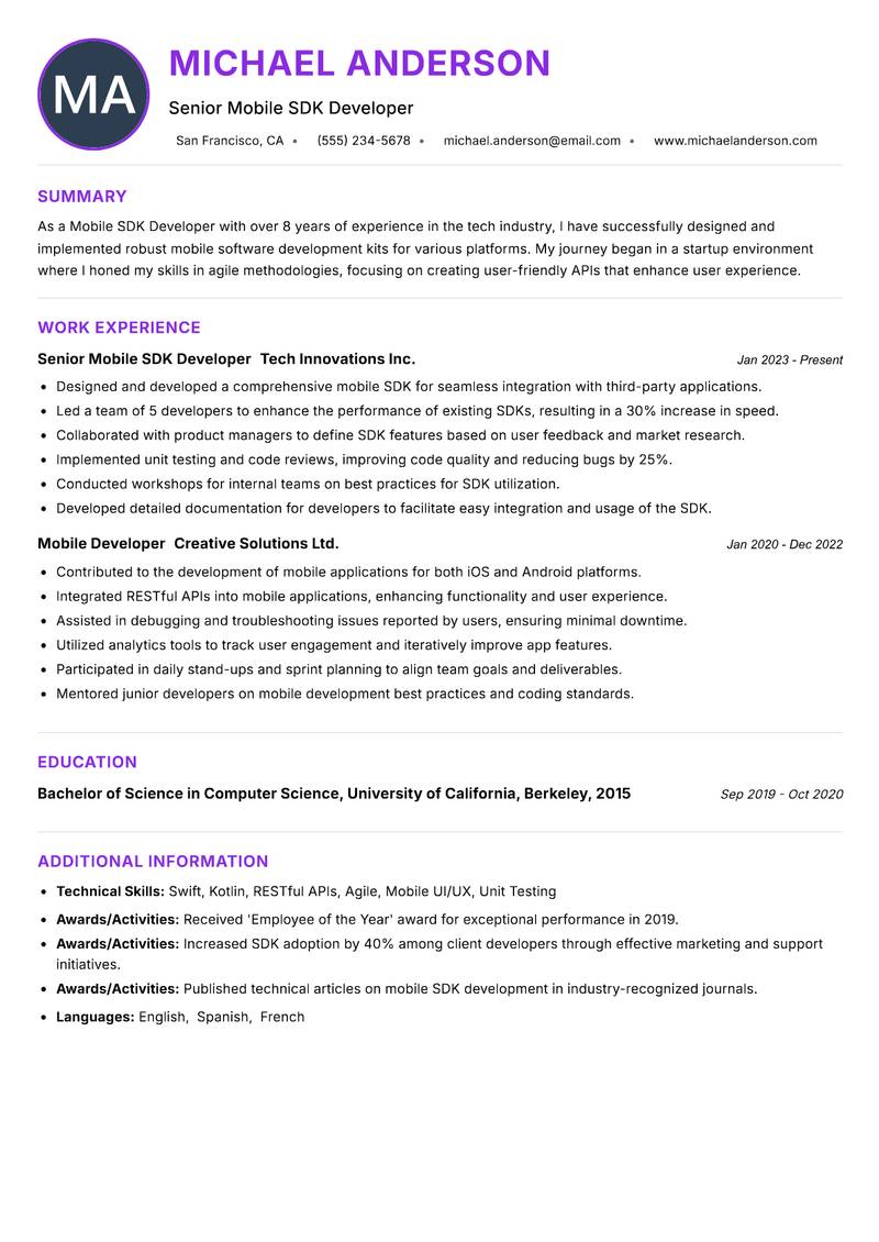 Mobile SDK Developer Resume Preview Example