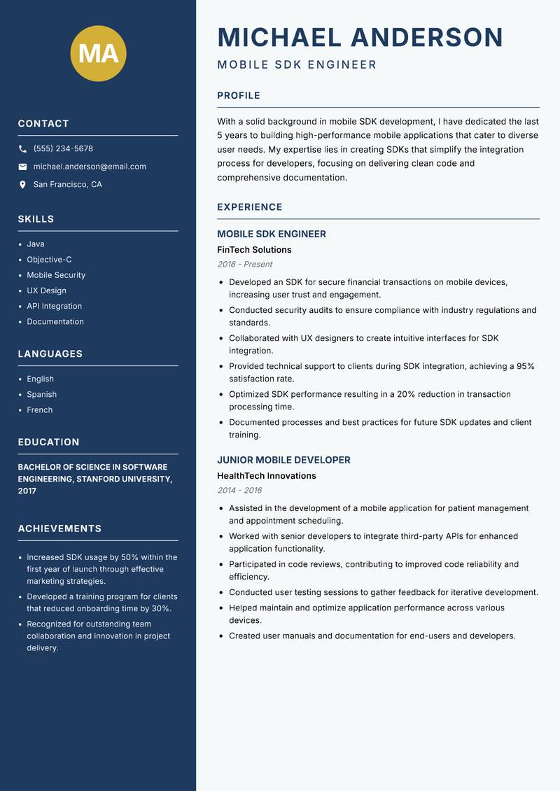 Mobile SDK Developer Resume Preview Example