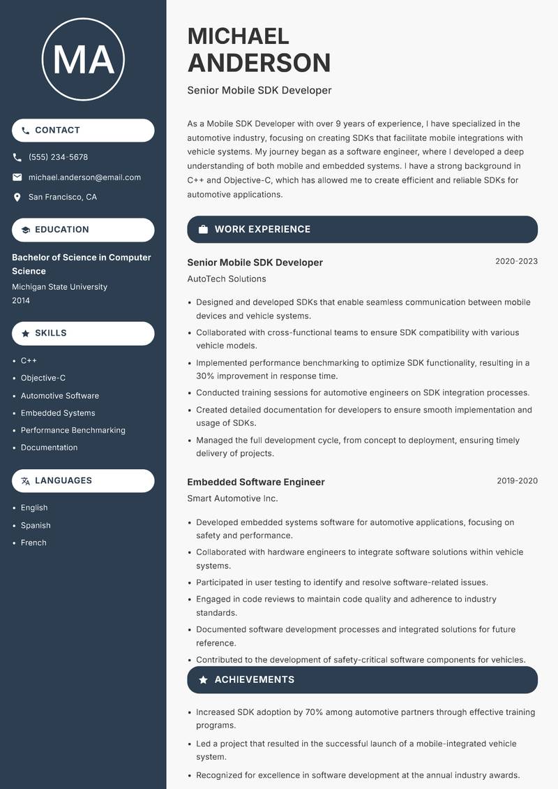 Mobile SDK Developer Resume Preview Example