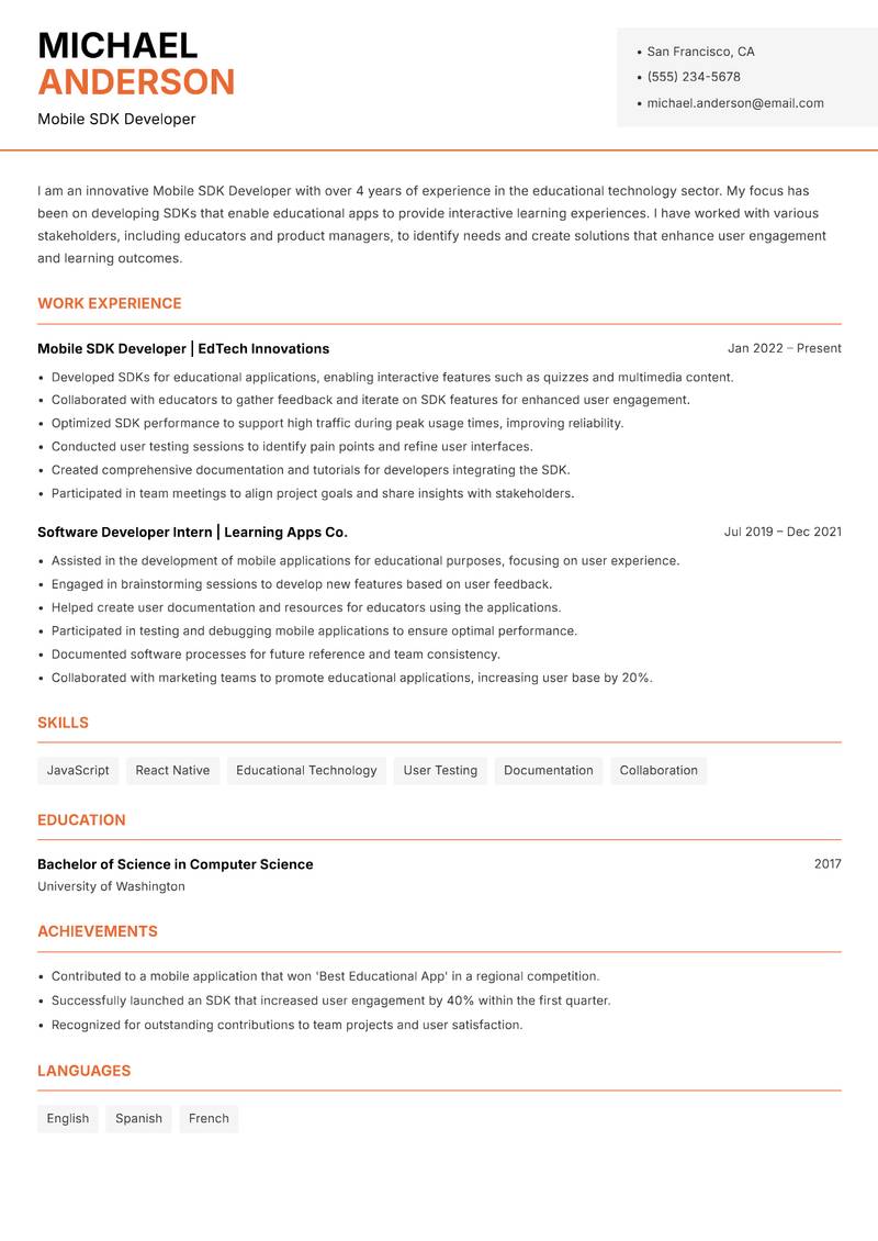 Mobile SDK Developer Resume Template