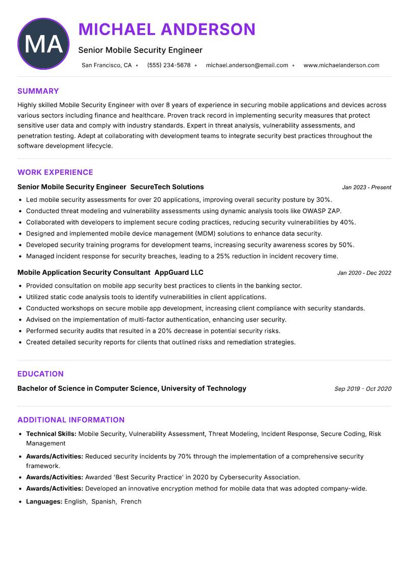 Mobile Security Engineer Resume Preview Example