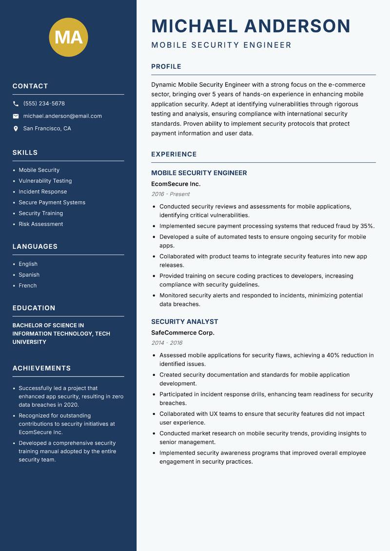Mobile Security Engineer Resume Preview Example