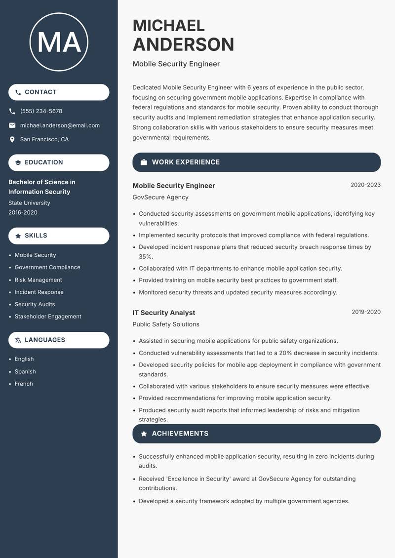 Mobile Security Engineer Resume Preview Example