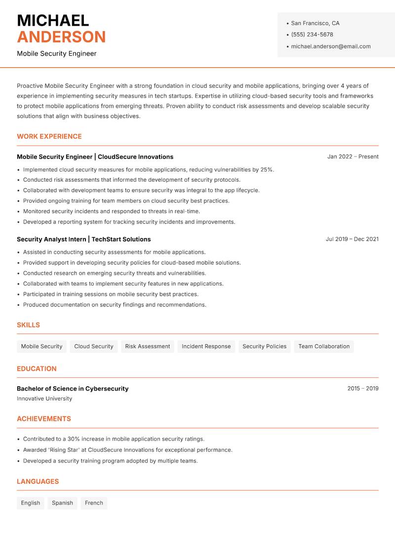 Mobile Security Engineer Resume Template