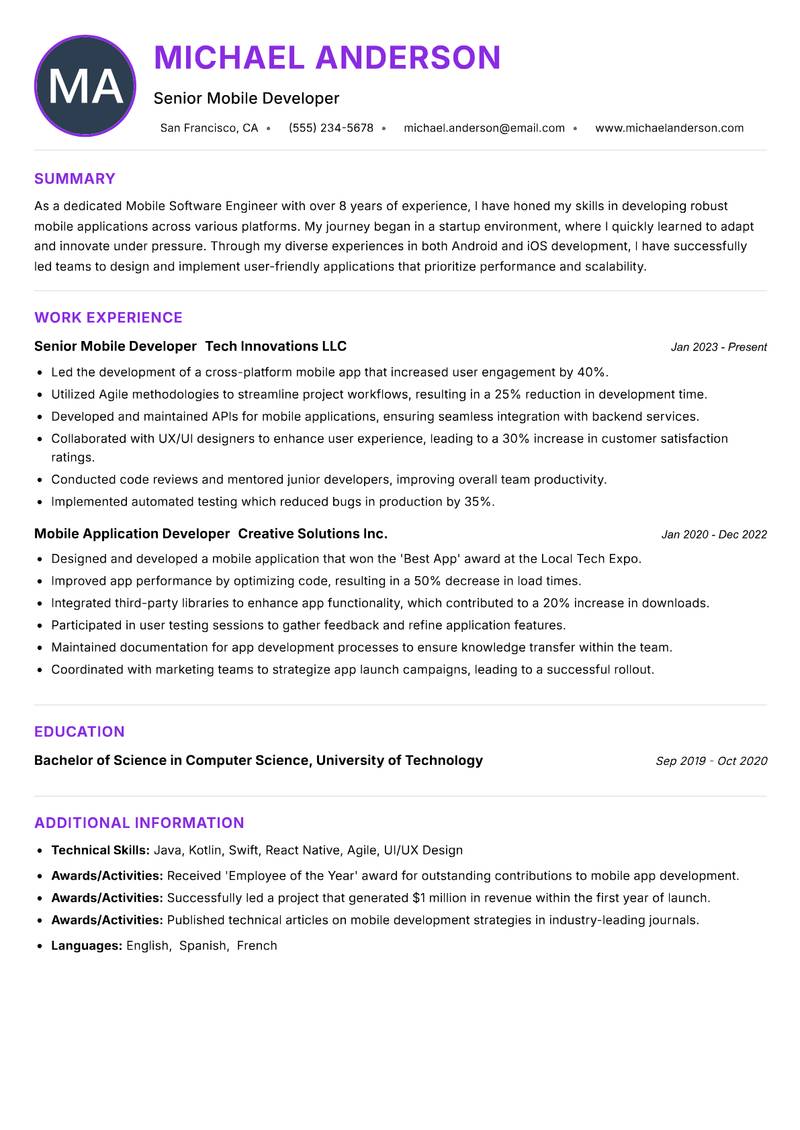 Mobile Software Engineer Resume Preview Example