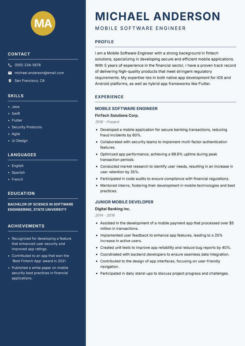 Mobile Software Engineer Resume Preview Example