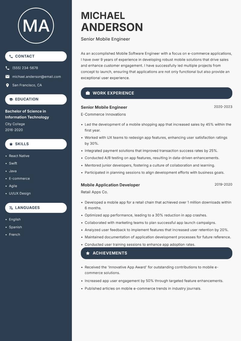 Mobile Software Engineer Resume Preview Example
